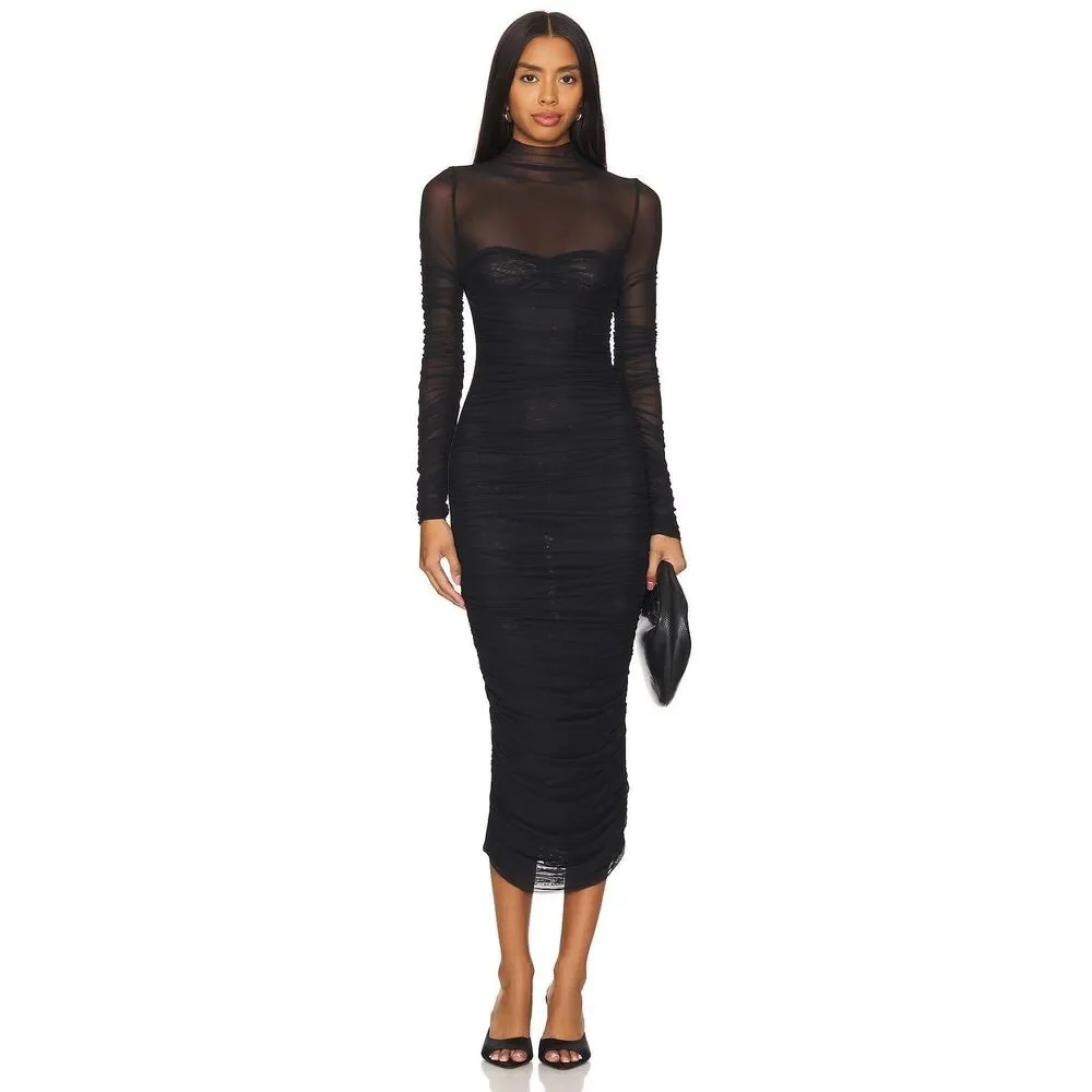 SEROYA Trina Mesh Ruched Midi Dress in Black Medium $378